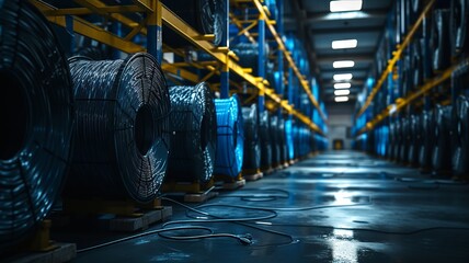 Side shot of large cable drums neatly arranged with coiled lines - obrazy, fototapety, plakaty