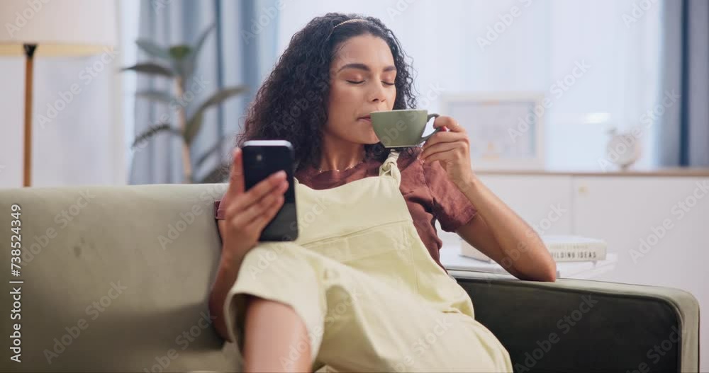 Canvas Prints Smile, phone and coffee with woman in home, on sofa of living room for communication or networking. Contact, app and social media with happy young person drinking warm beverage in apartment to relax