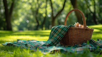 Sunlit picnic setting with empty wicker basket and vibrant green plaid cloth - obrazy, fototapety, plakaty