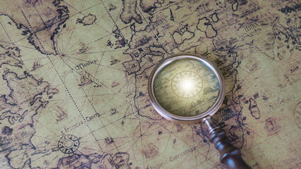 World map with magnifying glass travel concept