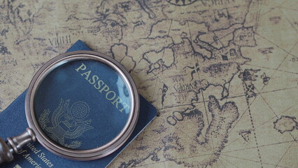 Passport with world map with magnifying glass travel concept