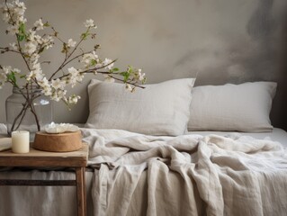 This photo captures a bed adorned with a blanket and a vase filled with fresh flowers. The simple yet elegant scene exudes a sense of comfort and coziness