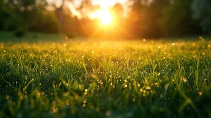 Warm sunlight embracing a peaceful pasture in a close-up view