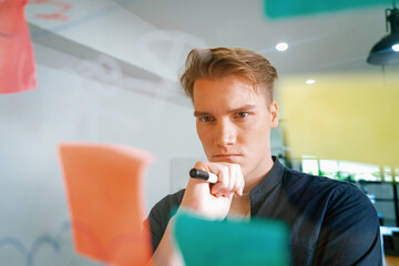 Professional caucasian businessman brainstorming marketing idea by using mind map and sticky notes on glass board at modern meeting room. Creative business and planing concept. Immaculate.