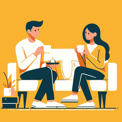 A flat vector illustration design with husband and wife sitting on the sofa having tea and talking.