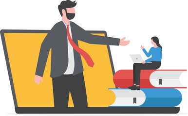 Online tutorials. Education and Learning student. Student listening webinar and Watching lecture through video call on laptop
