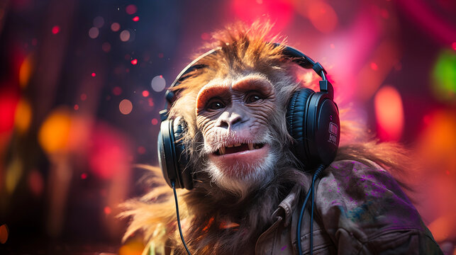 monkey wearing headphones with colorful powder paint explosion