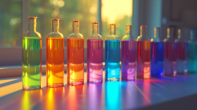 Rainbow experiment vials, bright liquids, scientific atmosphere