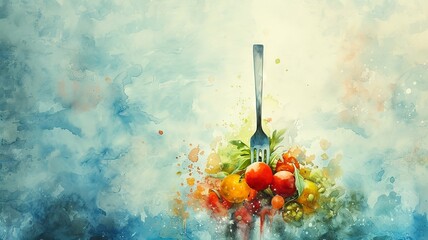 Watercolor depiction of a fork laden with a balanced meal in a whimsical kitchen setting - obrazy, fototapety, plakaty