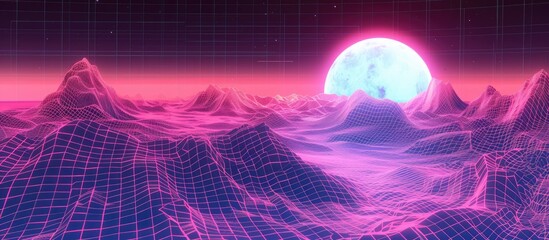 Neon wireframe terrain creates an abstract virtual reality landscape with unreal mountains in cyber space.