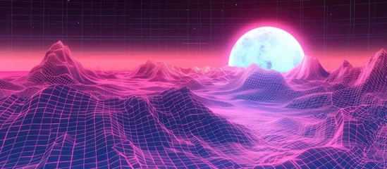  Neon wireframe terrain creates an abstract virtual reality landscape with unreal mountains in cyber space. © Sona