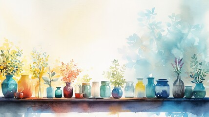 Watercolor interior shelf display, artistic strokes, and lively palette