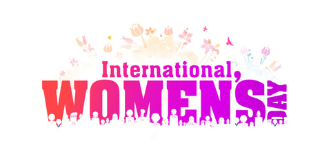 International women's day typography design with diversity of womens and flower background. women's day campaign theme. Creative banner poster and greeting card design.