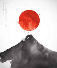 Ink wash painting on big  Fuji mountain and big red sun. Traditional Japanese ink wash painting sumi-e. - obrazy, fototapety, plakaty