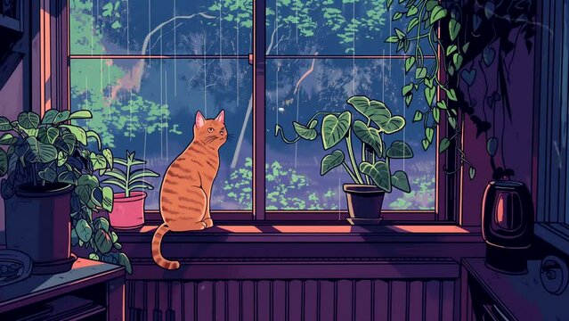 Lofi cartoon cat at window. seamless looping 4k time-lapse animation video background 