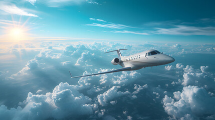 An airplane flying high above the clouds in a blue sky with some white clouds.