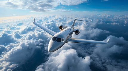 An airplane flying high above the clouds in a blue sky with some white clouds.