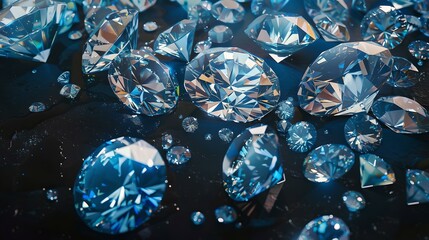 Sparkling loose diamonds scattered on dark surface. brilliant gemstones, luxury jewels. perfect for high-end jewelry ads. AI