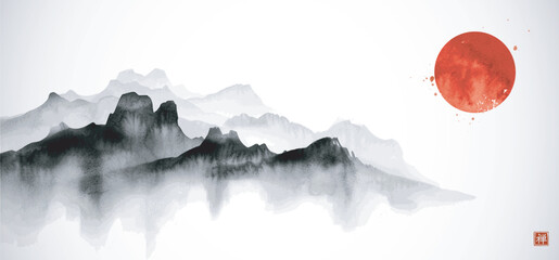 Ink wash painting of  misty mountain ranges and big red sun. Traditional oriental ink painting sumi-e, u-sin, go-hua. Hieroglyph - clarity.
