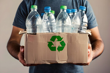 Man Holding Recyclable Water Bottles in Cardboard Box