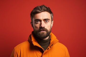 Portrait of a bearded man in an orange jacket on a red background