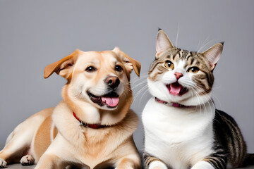 A dog and a cat smiling affectionately. Generative AI