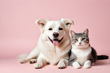A dog and a cat smiling affectionately. Generative AI