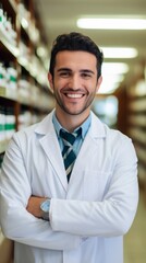 A young contented happy handsome man pharmacist in a pharmacy. Medical care, Healthcare, Small Business selling medicines, Vitamins, Dietary supplements, Cosmetics concepts.
