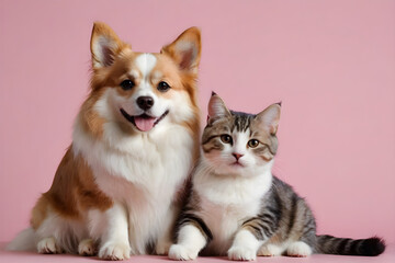 Fototapeta na wymiar A dog and a cat smiling affectionately. Generative AI