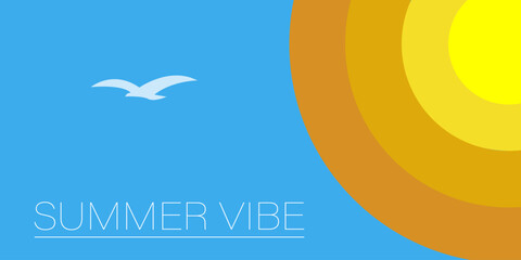 Fototapeta na wymiar Vector illustration of an abstract minimalistic poster SUMMER VIBE. Banner, cover with bright sun in the blue sky. Typographic postcard
