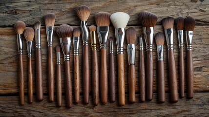 Assorted beauty brushes, high detail, natural wood background
