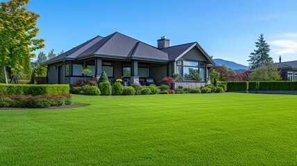 Fototapeta na wymiar Contemporary home with lush green lawn under a clear blue sky