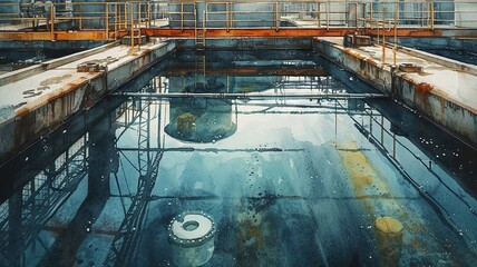 Watercolor of purification plant, fluid strokes, reflective pools