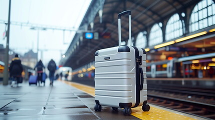 A modern white suitcase stands alone on a train platform, suggesting travel and mobility.