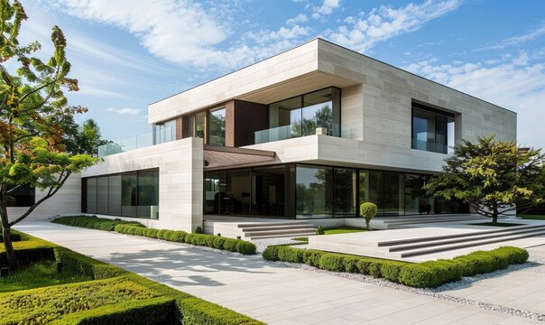 minimalist modern villa on a sunny day.