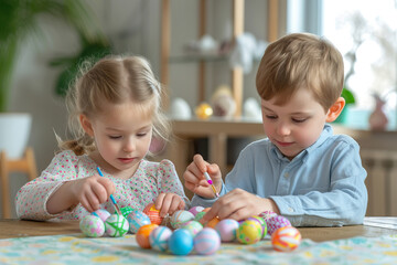 Obraz premium Boy and girl coloring easter eggs