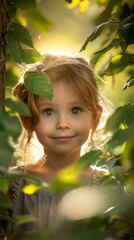 A little girl is smiling in the woods. Generative AI.