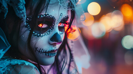 Close up of a beautiful zombie bride on blurred street, Halloween sugar skull party and costume idea, with copy space. generative ai
