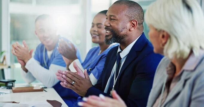 Seminar, nurses or happy people clapping for success, meeting or clinic goals with diversity. Group of medical officers, sales representatives or applause for health progress or teamwork in hospital