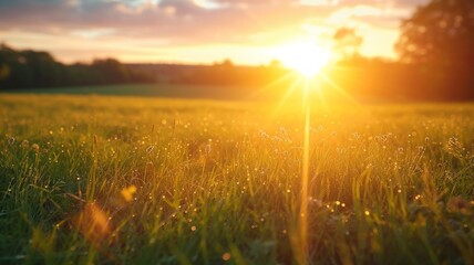 Obraz na płótnie Canvas Warm sunlight embracing a peaceful pasture in a close-up view