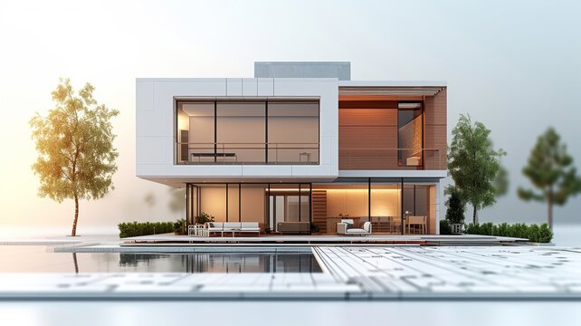 Detailed blueprint evolving into a luxurious contemporary home