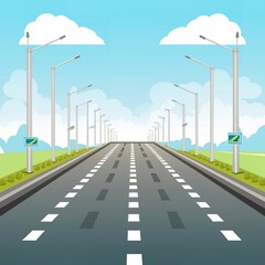 Isolation of straight highway road with clouds. Illustration of motorway advertising. Bending road, road ads