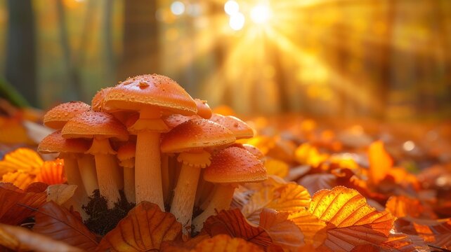 Forest mushrooms in a sunlit clearing with autumn leaves