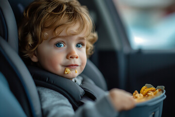Little child in happy car seat with food, toys