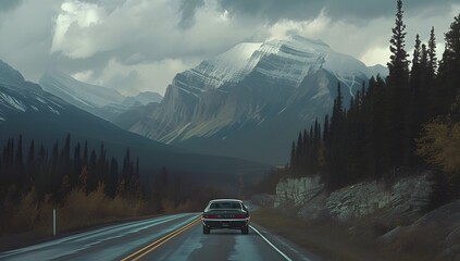  a car driving down a scenic road in mountain  - obrazy, fototapety, plakaty
