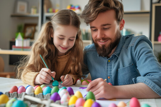 Father and his little daughter painting eggs. Happy family preparing for Easter.