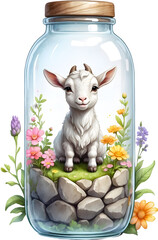 blind box lovely cute chibi goat  in glass bottle ,flower garden diorama, lighting studio,pastel,...