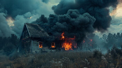 Black smoke trail of burning house - obrazy, fototapety, plakaty