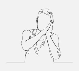continuous one line drawing of young man in undershirt holding folded hands near his face. concept of sleepy, tired, rest, expression. editable stroke. isolated background vector design.