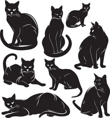 Set of Cats Black Silhouette on white background 